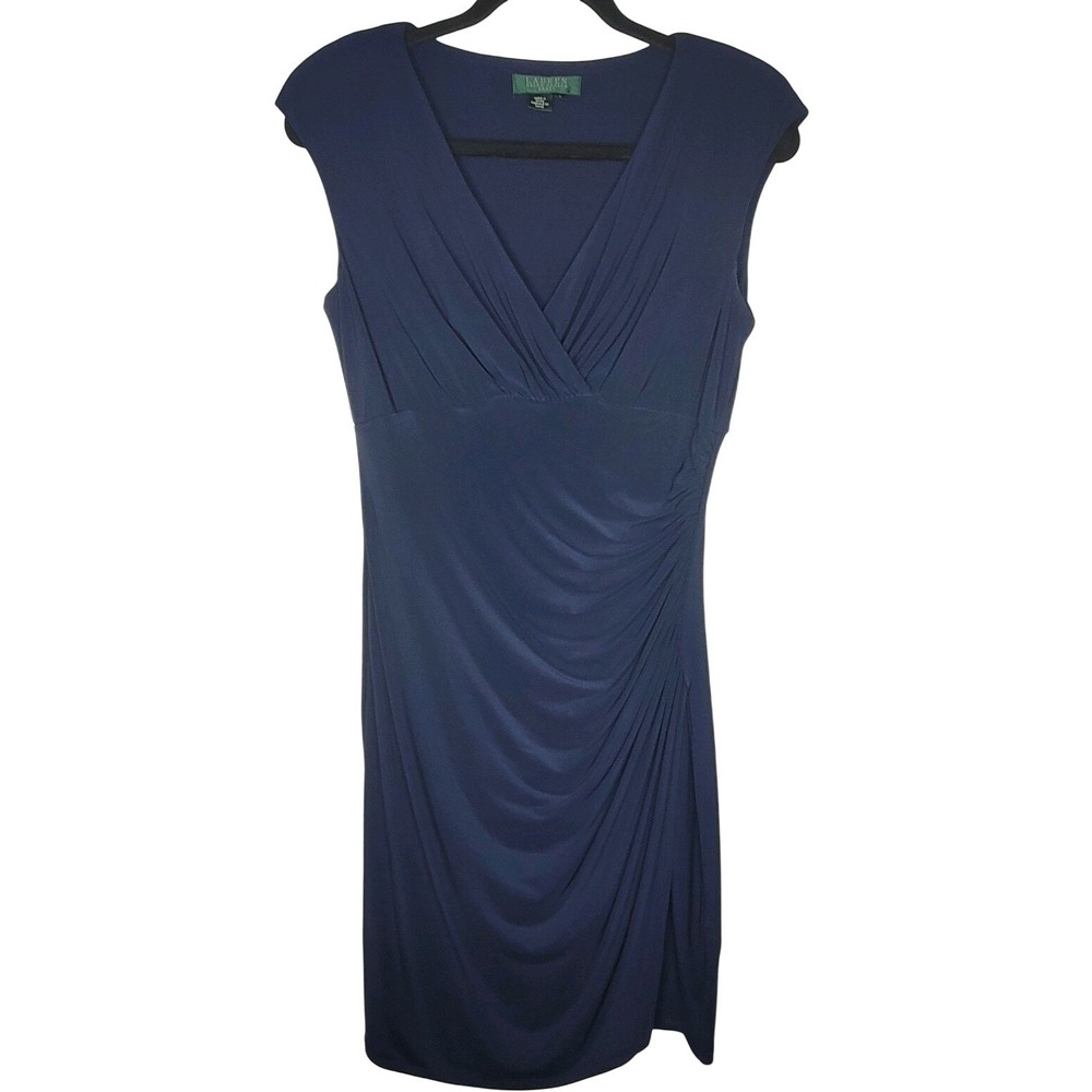 Lauren Ralph Lauren Dress Women's Size 8 Navy Blue Faux Wrap Dress Short Sleeve